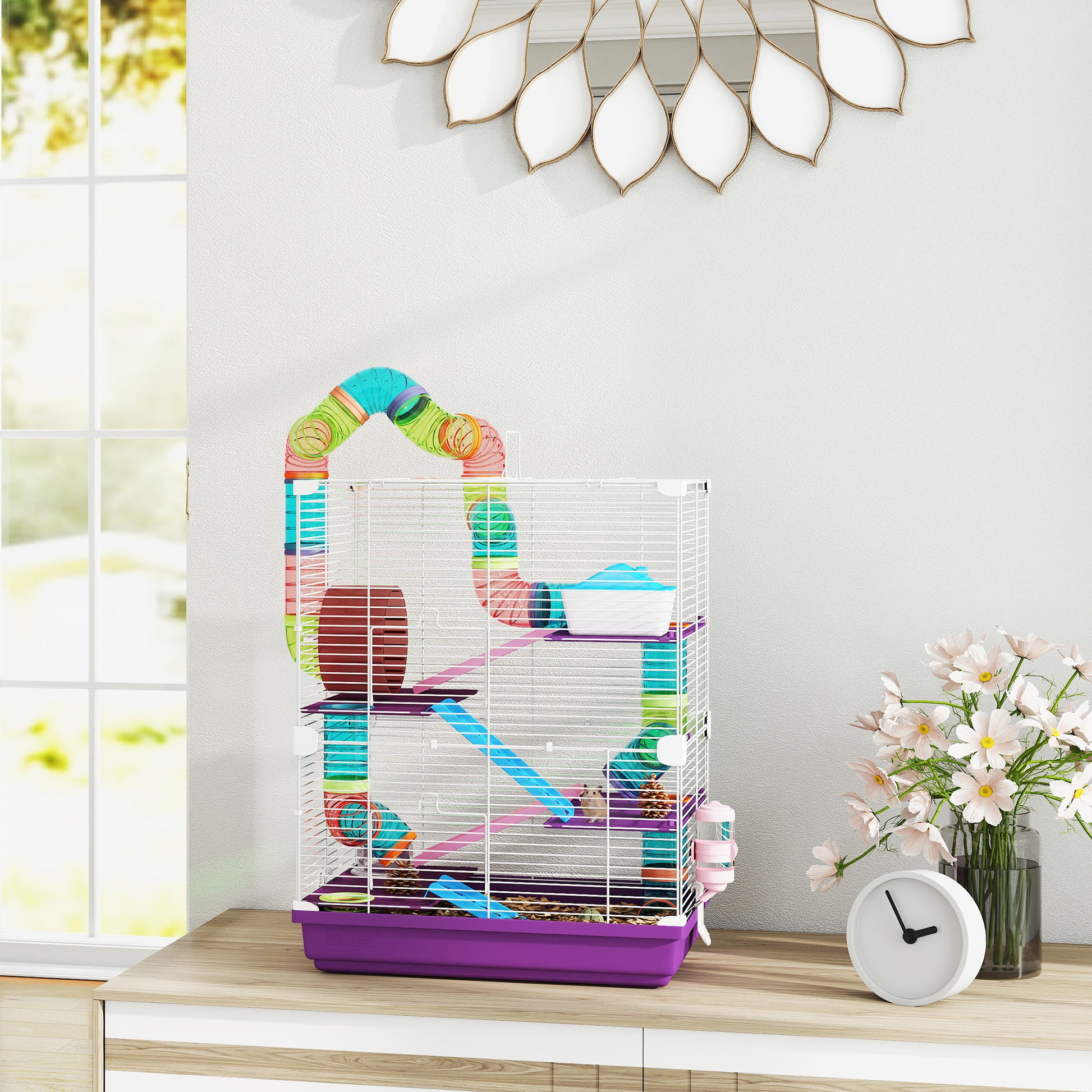 5 Tiers Hamster Cage Portable with Exercise Wheels Play Tube Water Bottle Dishes House Ladder for Gerbils, Purple