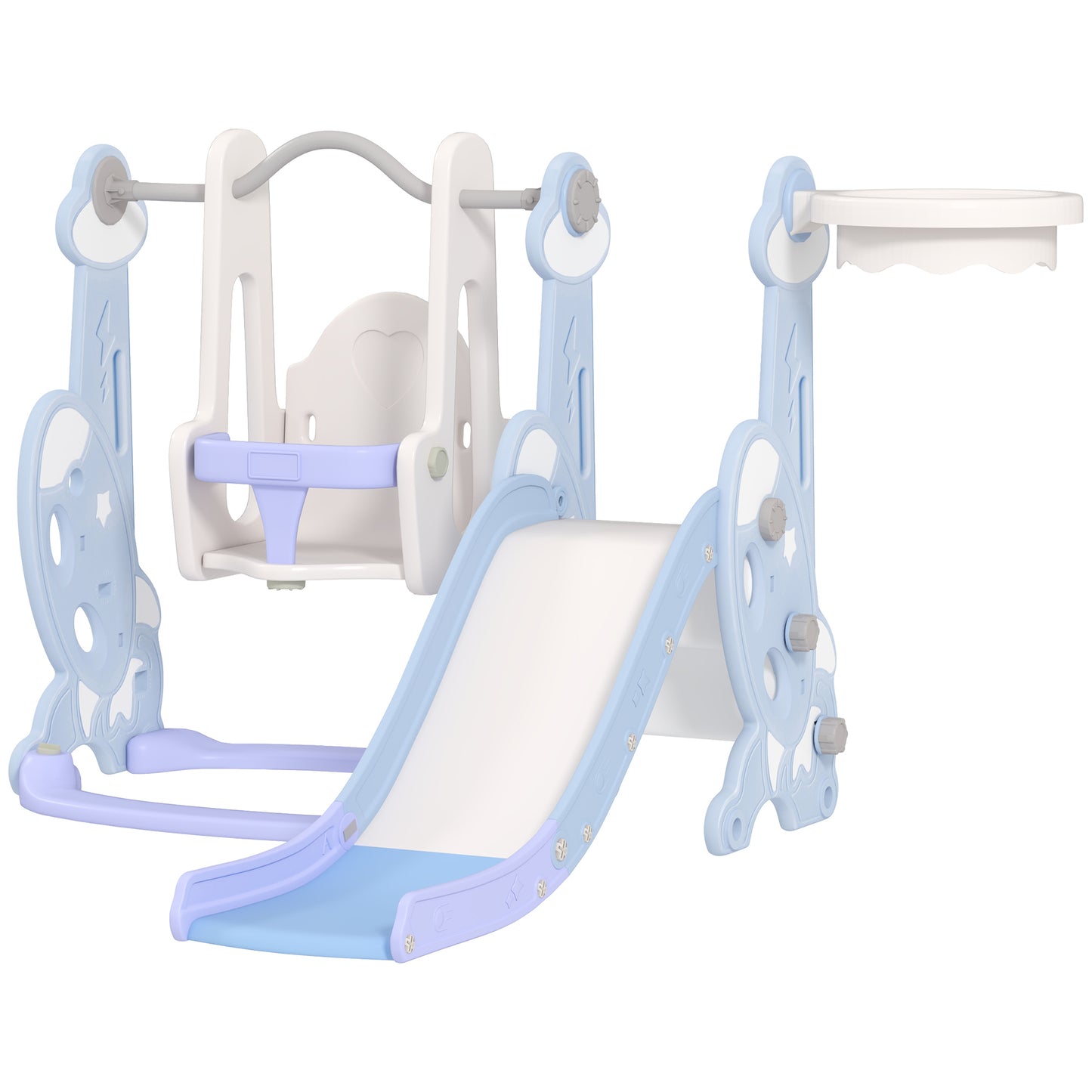 Qaba 4-in-1 Slide and Swing Set with Basketball Hoop, Climber, for Ages 1.5-4 Boys Girls Toddler, Rocket Themed, Light Blue