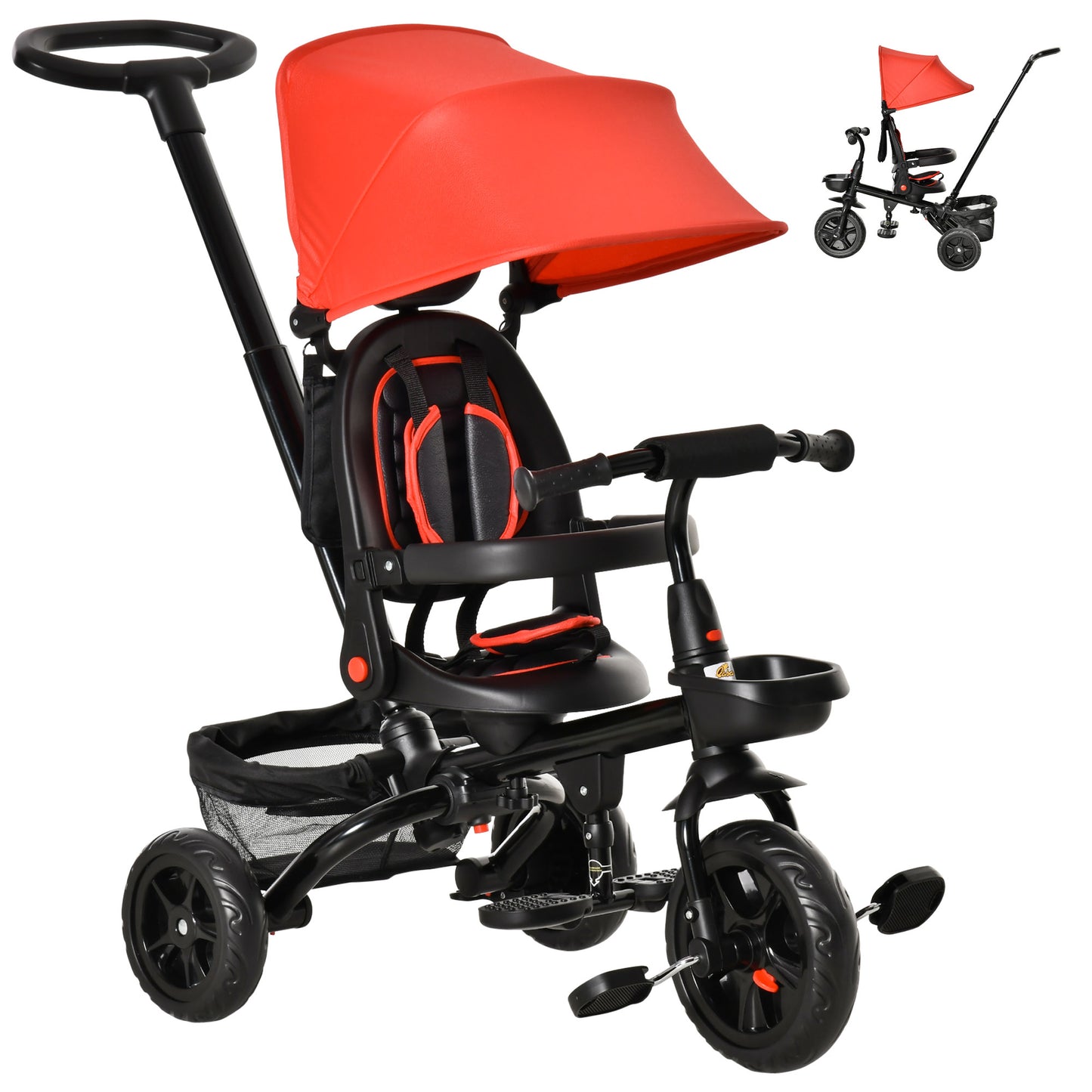 Qaba Tricycle for Toddler 4 in 1 Kids Trike, Foldable Converts Stroller to Toddler Bike, Adjustable Backrest & Curved Canopy, Detachable Guardrail & Handle for 1-5 Years Old, Red