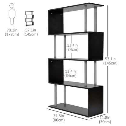 5-Tiers Geometric Wooden Bookcase S-Shaped Storage Bookshelf Display with Metal Frame for Living Room, Bedroom, Home Office, Black