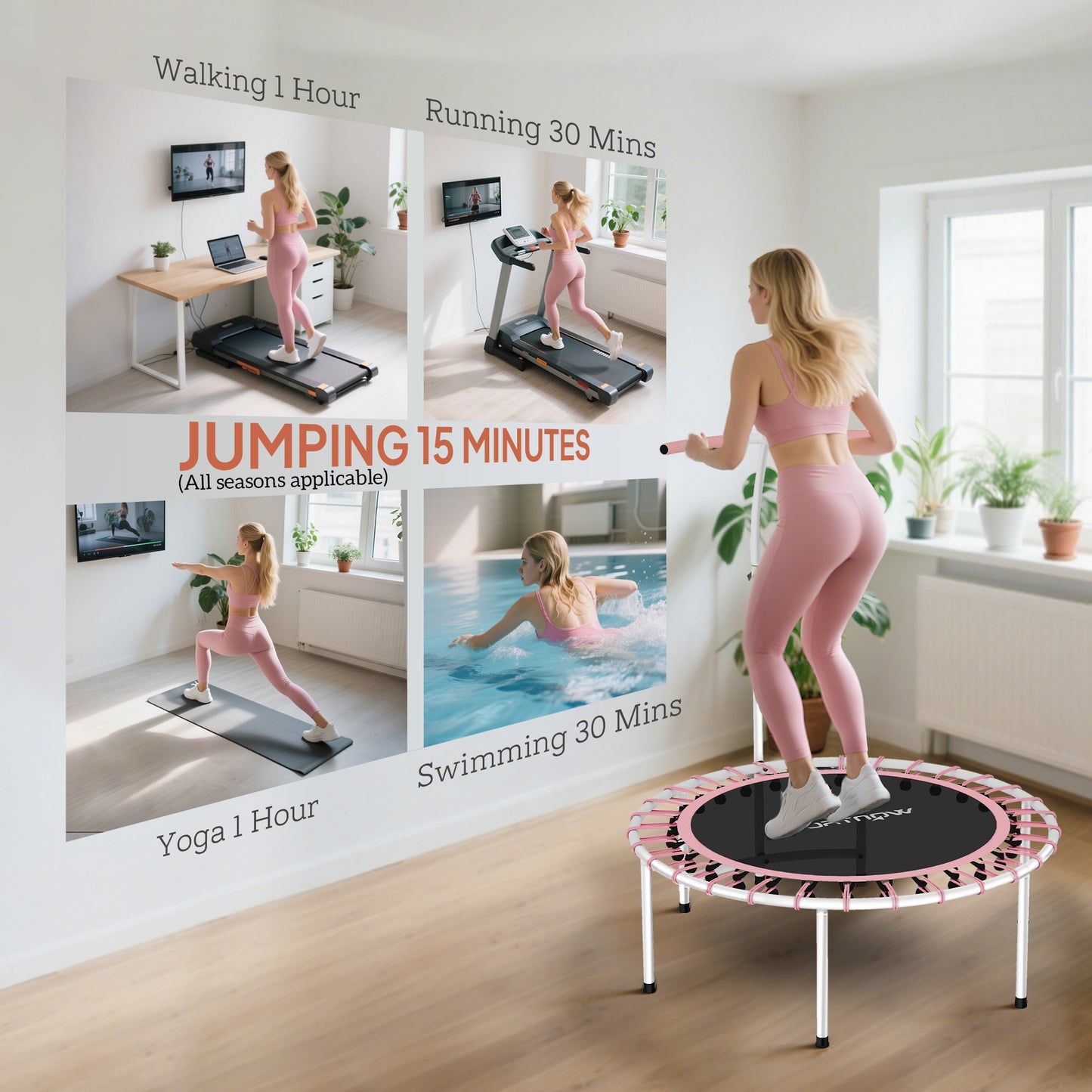 Soozier 40" Foldable Rebounder Trampoline ,Mini Trampoline Indoor with Adjustable Handle, Quiet and Safe Bungee Rebounder, Pink