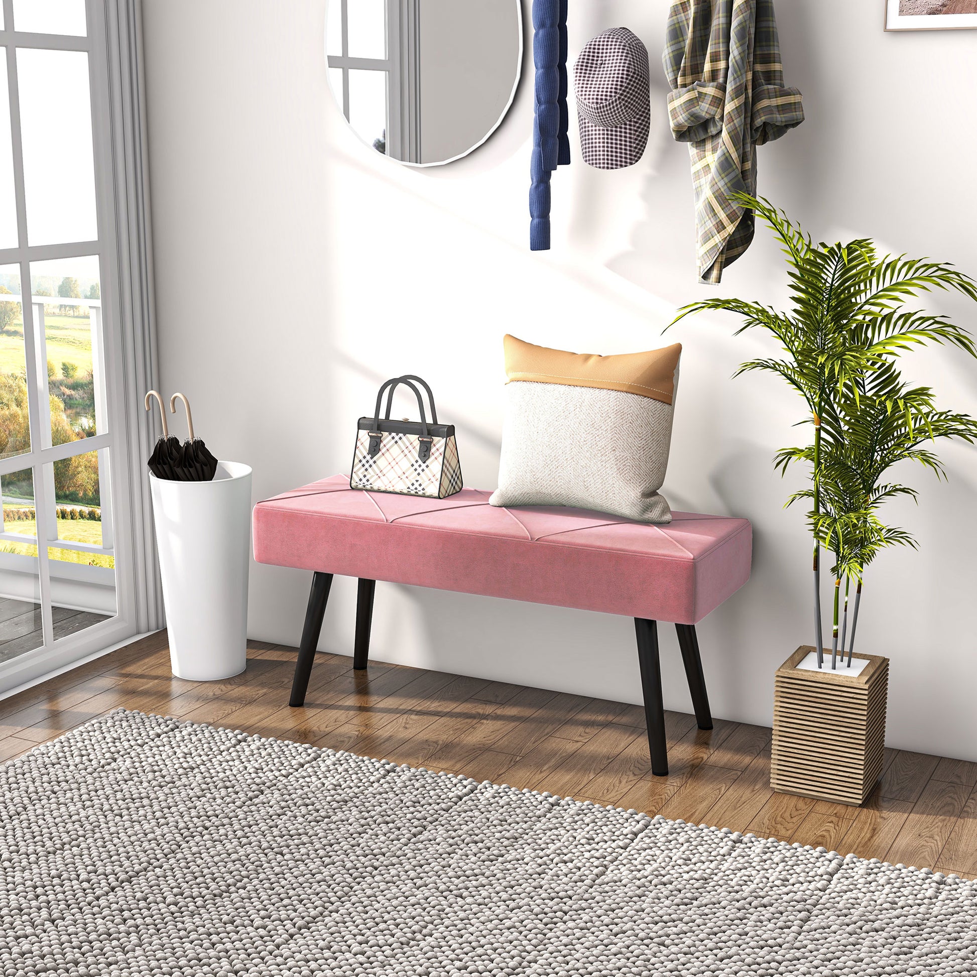 39 Inches Upholstered Bedroom Bench, Modern End of Bed Bench with Steel Legs, Pink