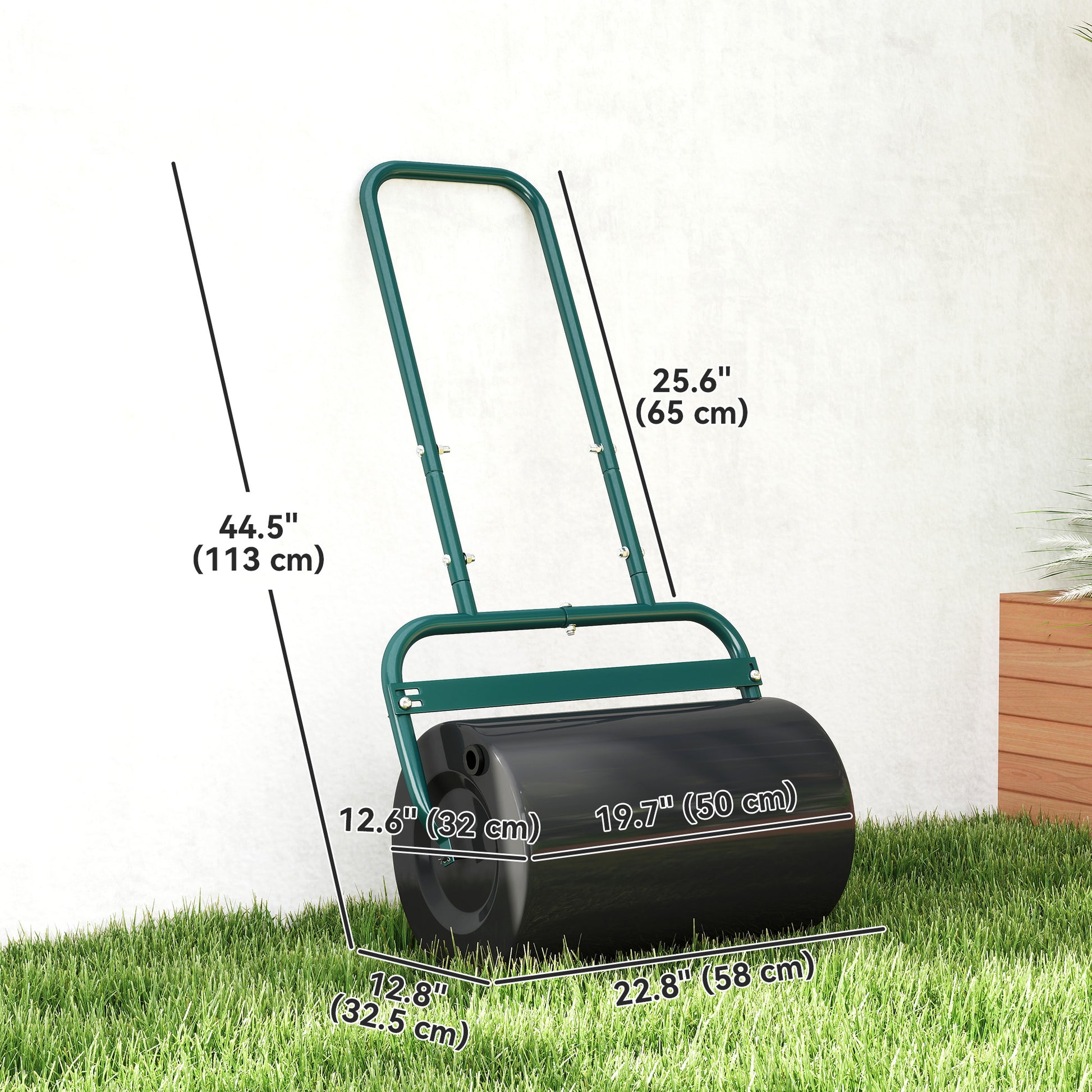 Heavy Duty Lawn Roller, 20" Push/Tow Behind Sod Roller, Grass Flattener Filled with 11gal Water/136lbs Sand, Green