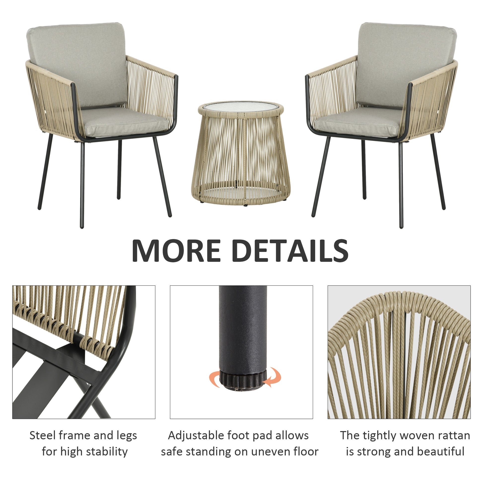 3 Piece Outdoor Patio Bistro Set, Wicker Rattan Furniture with Metal Legs for Garden, Backyard, Coffee and Light Grey