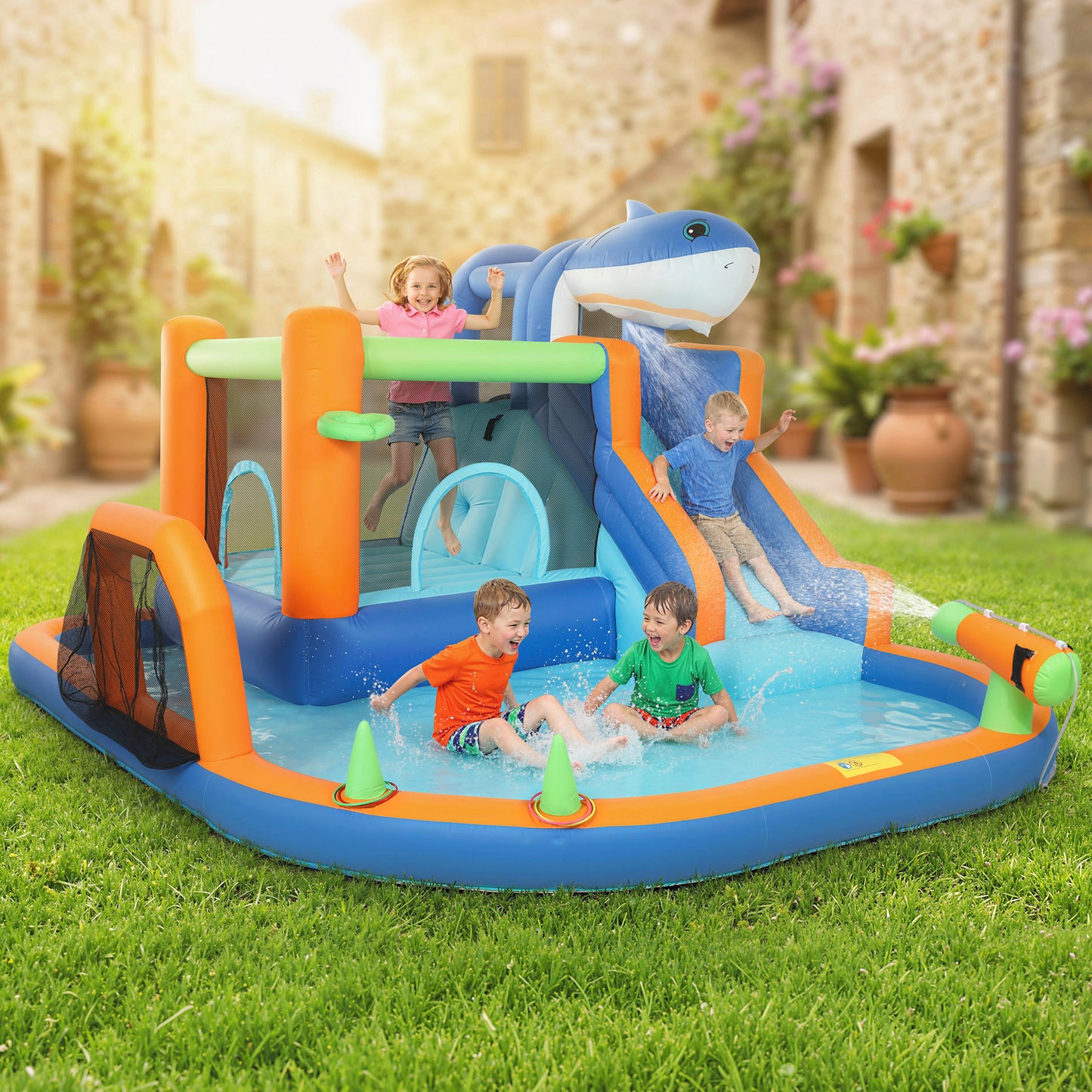 Qaba Inflatable Bounce House for Kids, Sharks Theme Jumping Bouncy Castle with Slide and Pool for Indoor Outdoor, Blue