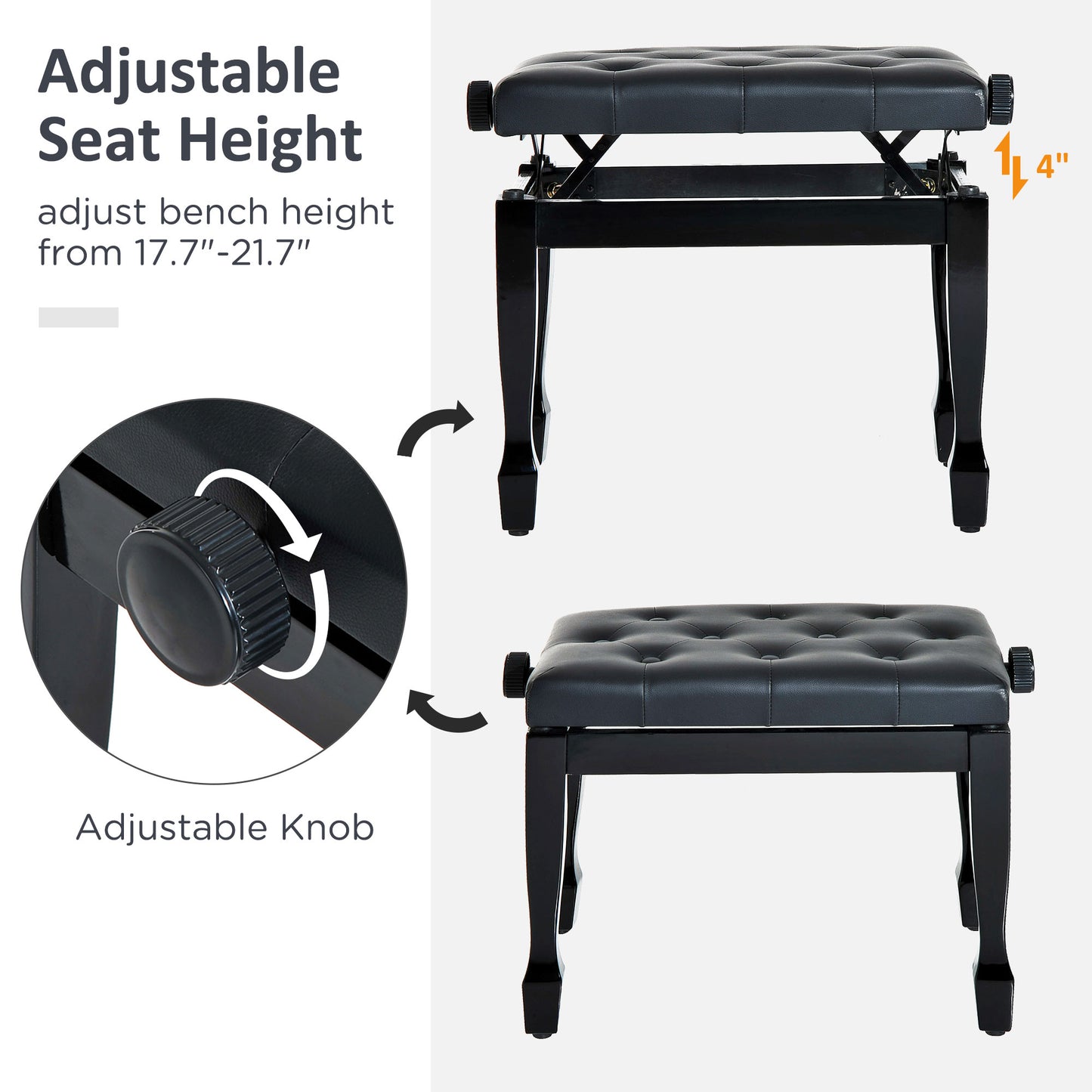 25" Adjustable Height Piano Bench with Padded Cushion, Keyboard Seat with Solid Wood Legs, Black