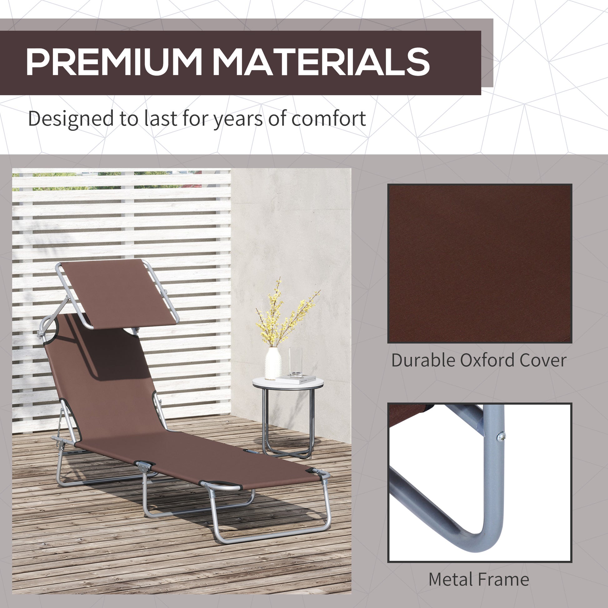Outdoor Lounge Chair, Adjustable Folding Chaise Lounge, Tanning Chair with Sun Shade for Beach, Camping, Hiking, Backyard, Brown