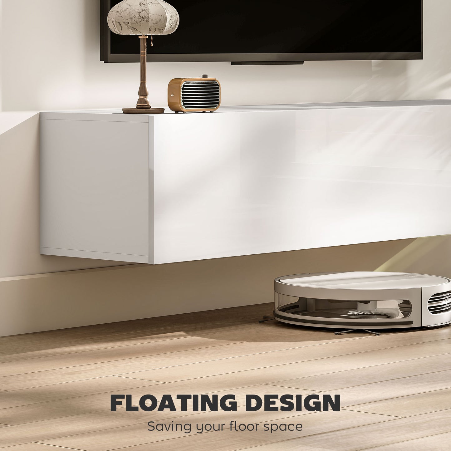 Floating TV Stand with Storage Cupboards for 45, 55, 65in TVs, Wall Mounted TV Console Entertainment Unit, White