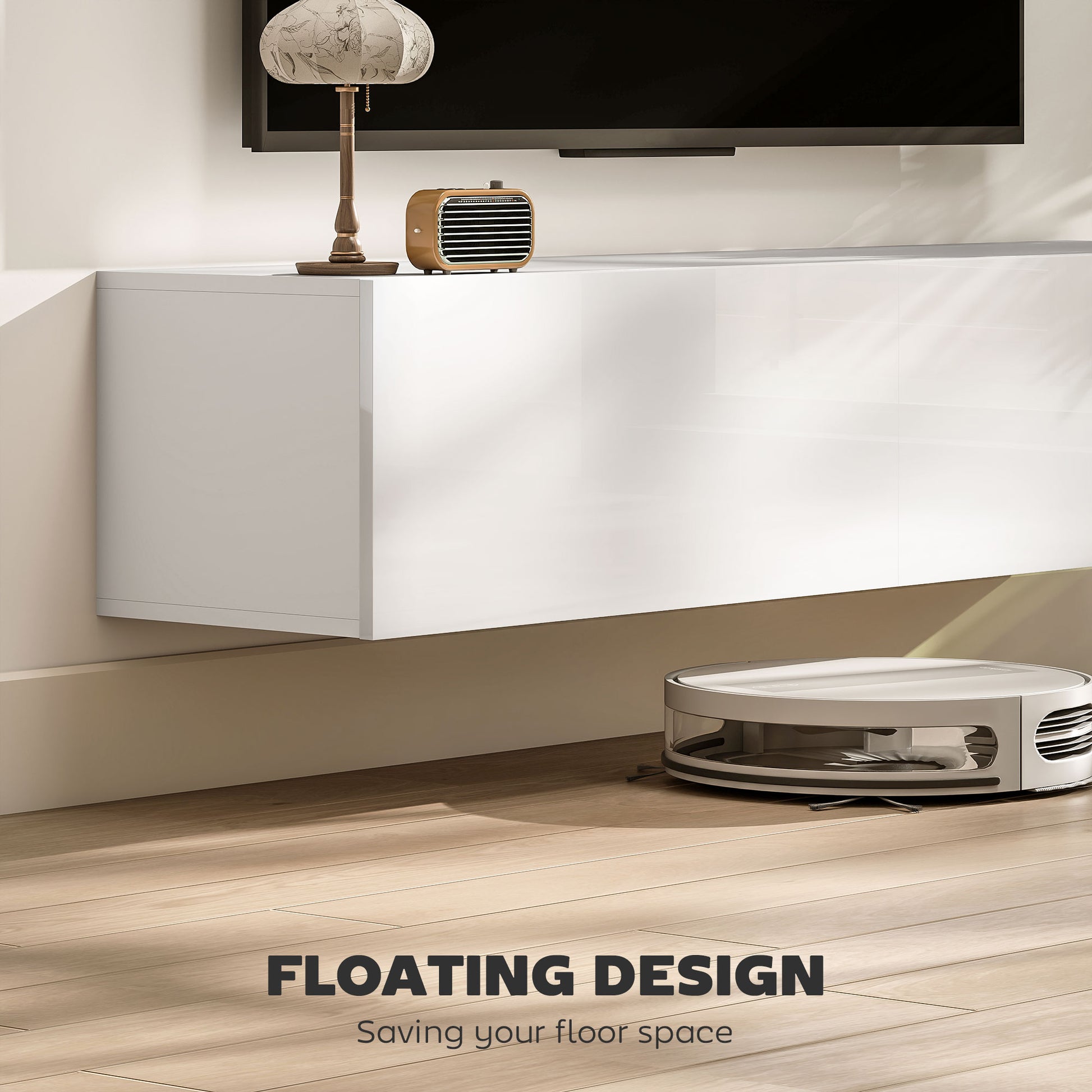Floating TV Stand with Storage Cupboards for 45, 55, 65in TVs, Wall Mounted TV Console Entertainment Unit, White