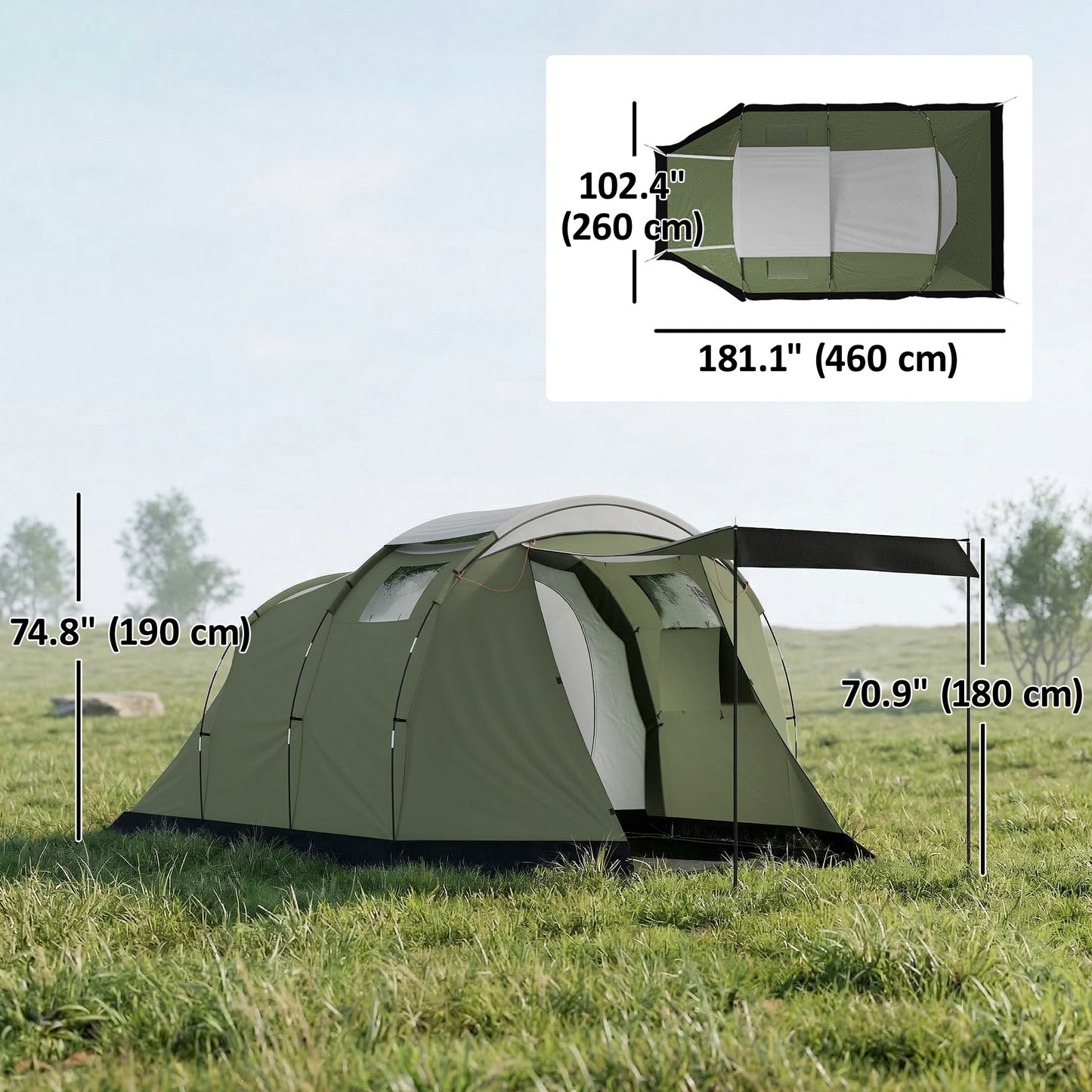 Camping Tent Waterproof Camping Tent with Two Room for 3-4 Person Waterproof, Green