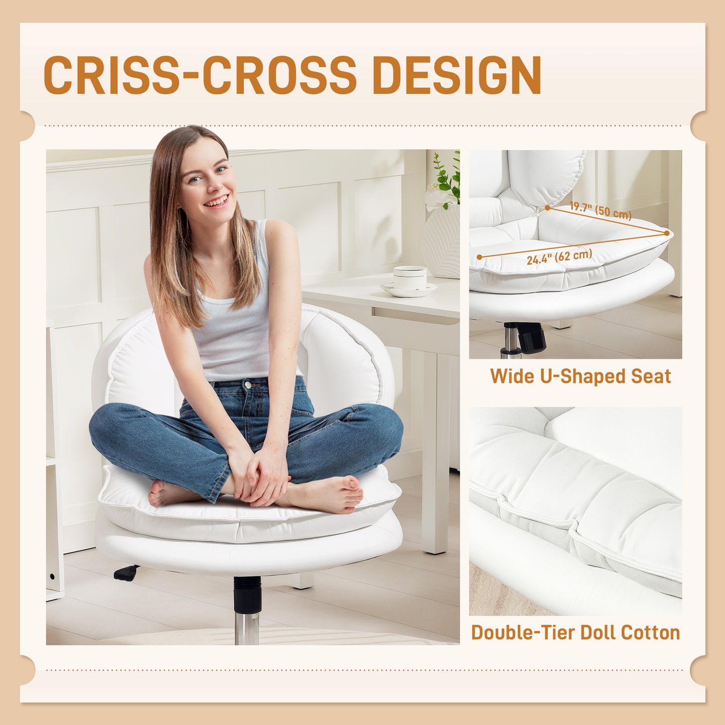 Criss Cross Chair, Armless Wide Office Chair with Leathaire Upholstery, Tilting, No Wheels, White