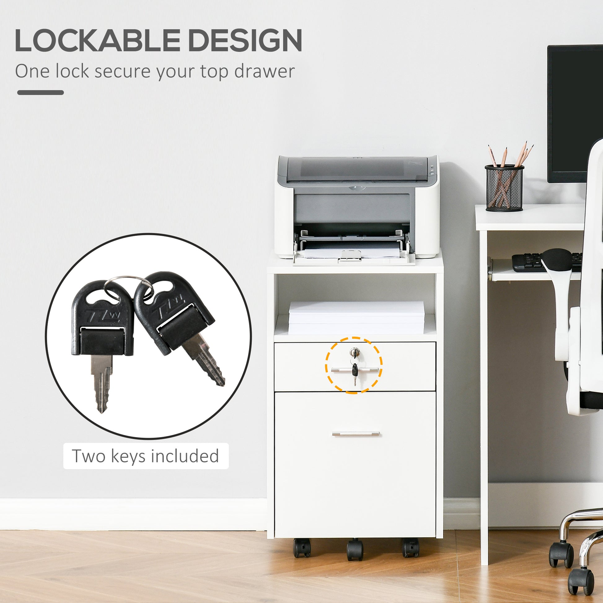 2 Drawer Filing Cabinet with Lock, Vertical File Cabinet with Wheels, Mobile Office Cabinet for A4, Letter Size, White