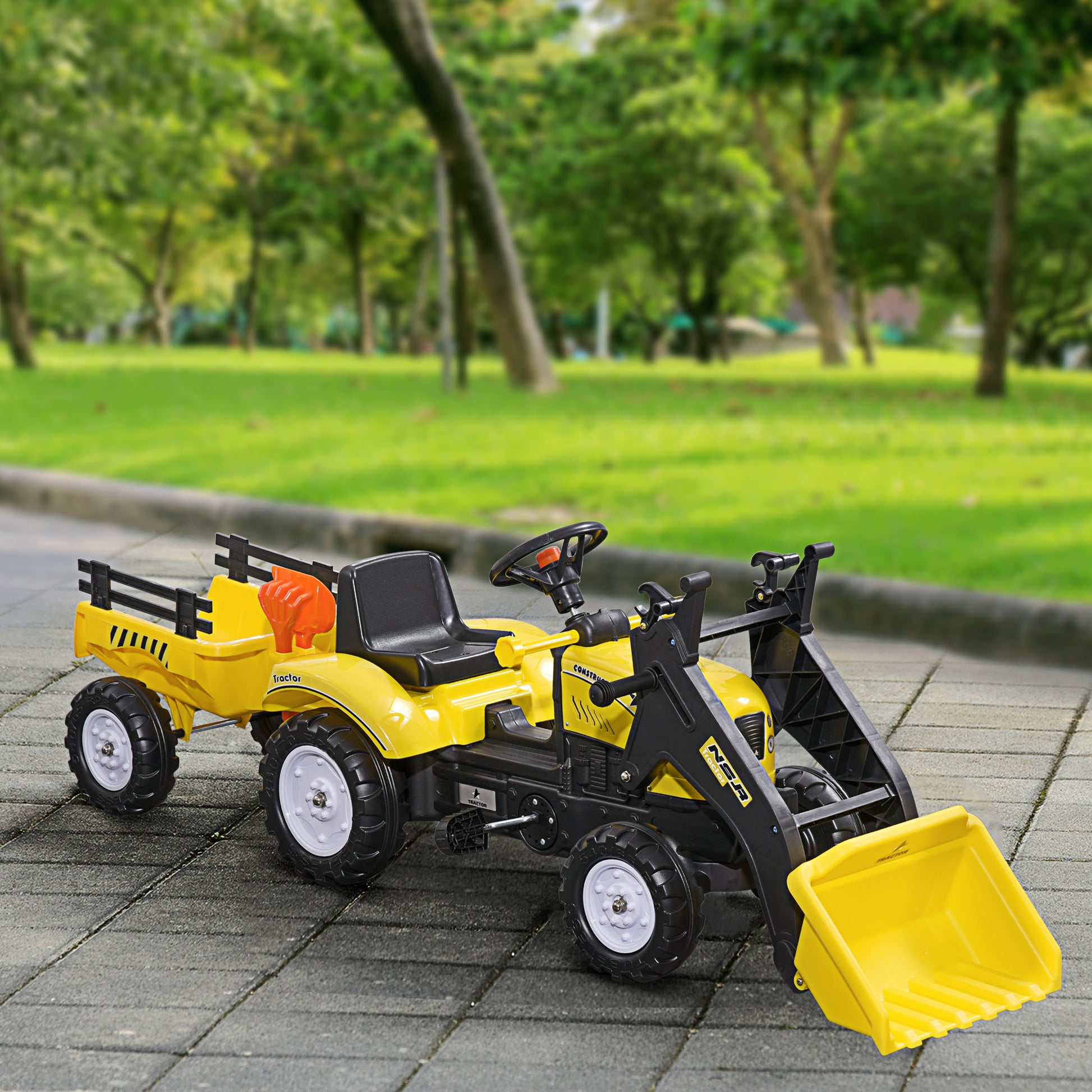 Aosom Front Loader Excavator Ride On Toy Pedal Control with 6 Wheels Controllable Bucket for 3 Year Old, Yellow
