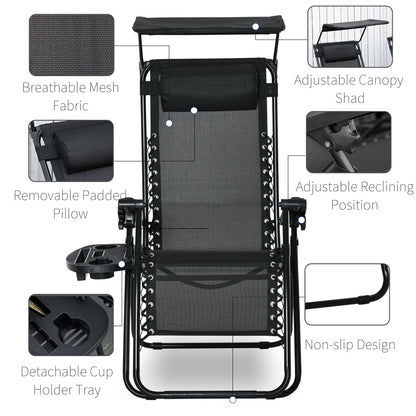 2 Piece Foldable Lounge Chair with Canopy Shade, Outdoor Zero Gravity Chair w/ Side Tray & Cup Holder, Reclining Lounger w/ Breathable Mesh Fabric Seat, Pillow, Black