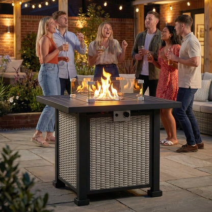 32" Propane Gas Fire Pit Table, 50,000 BTU Square Patio Table with Fire Pit, Wind Guard, Lid, CSA Certified, Grey