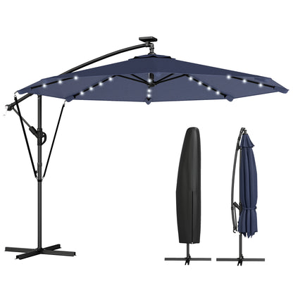 9.7ft Solar LED Cantilever Patio Umbrella with 32 LED Lights, Cross Base, Crank Handle, for Poolside, Deck, Dark Blue