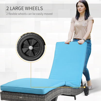 Outdoor Adjustable Wicker Chaise Lounge Chair with Cushion & Wheels for Patio, Deck, Poolside, Sky Blue