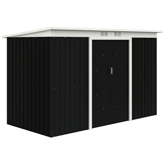 9x4 Outdoor Storage Shed Galvanized Steel Garden Shed with Foundation Kit, Ventilation & Doors, Dark Grey