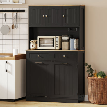 68" Pantry Cabinet with Charging Station, Storage Cabinet with Microwave Stand, 10 Gallon Trash Can Cabinet, Black