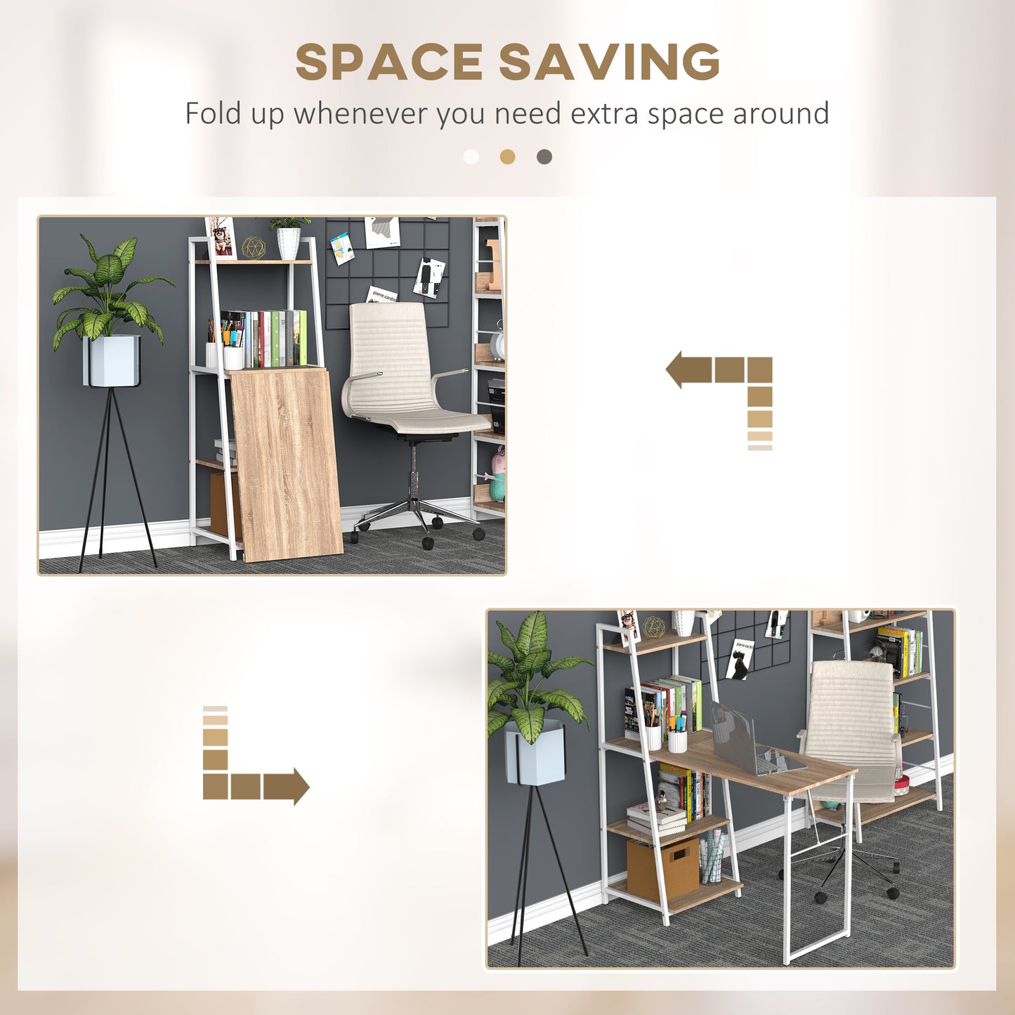 Computer Desk with Storage Sheves and Foldable Tabletop, Writing Desk for Home Office and Study, White, Natural