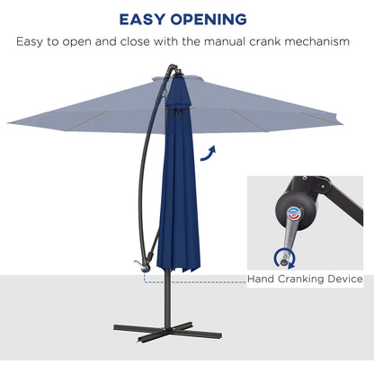 10' Deluxe Patio Umbrella, Outdoor Market Parasol, Banana Hanging Offset Sunshade with Crank, Cross Base, Navy Blue