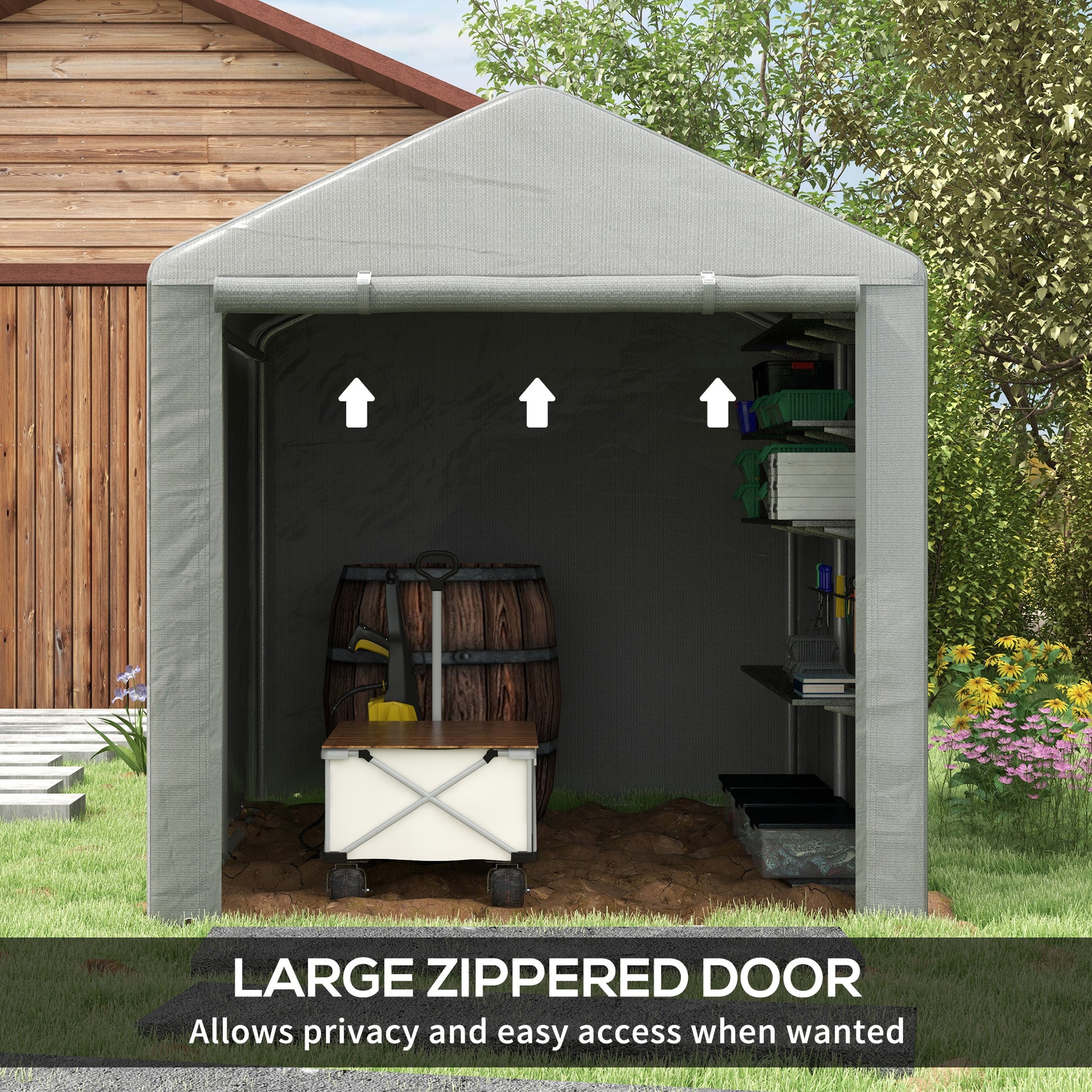 Portable Bicycle Shed with Galvanized Steel Frame and Large Door, Waterproof Outdoor Shed for Garden Tools, Light Grey