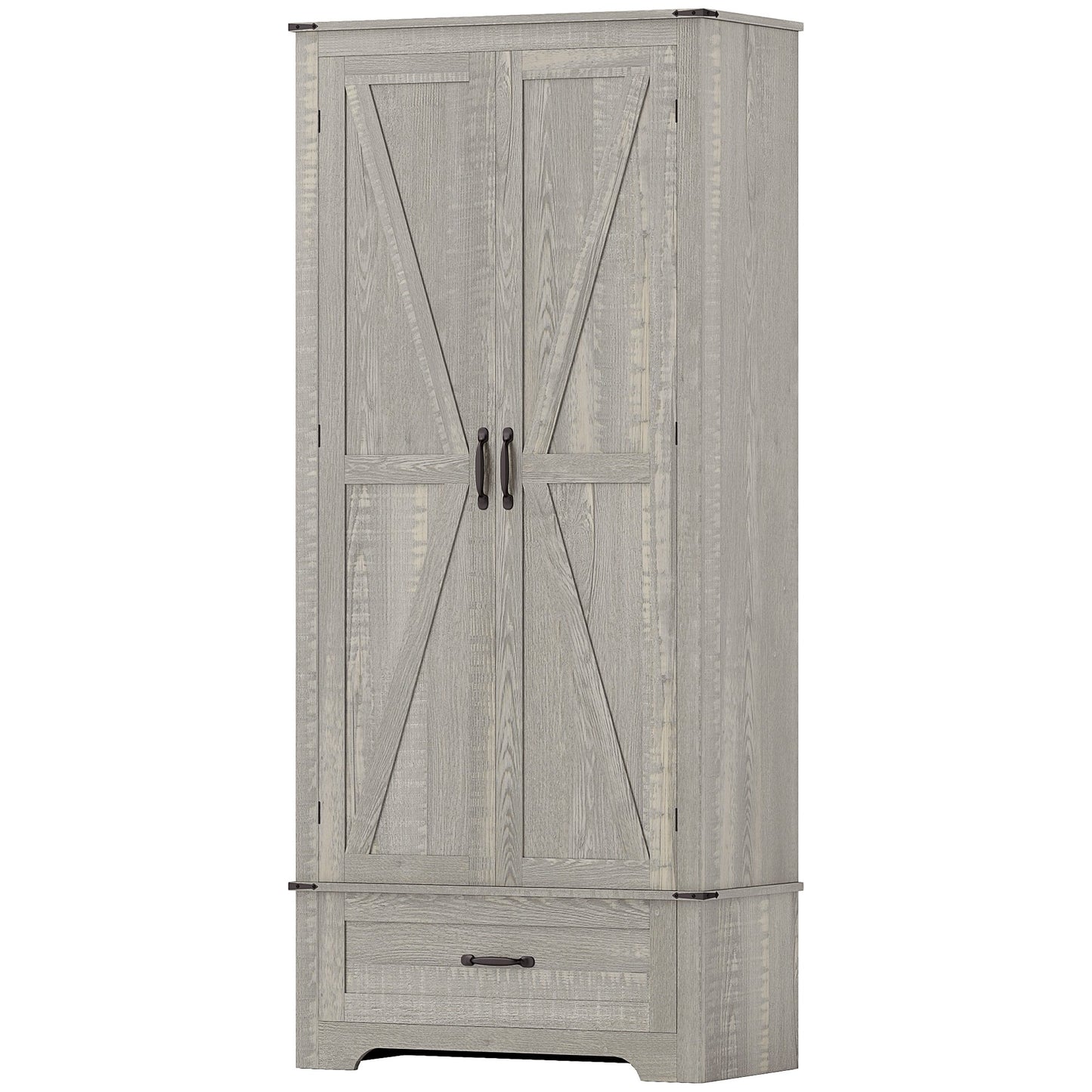 72" Farmhouse Pantry Cabinet with Adjustable Shelves, Kitchen Pantry Cabinet with 2 Doors, Distressed Light Grey
