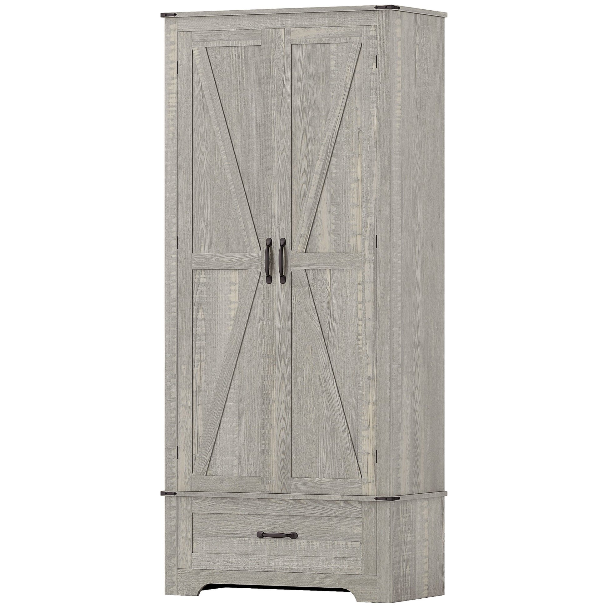 72" Farmhouse Pantry Cabinet with Adjustable Shelves, Kitchen Pantry Cabinet with 2 Doors, Distressed Light Grey