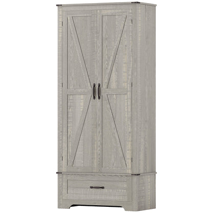 72" Farmhouse Pantry Cabinet with Adjustable Shelves, Kitchen Pantry Cabinet with 2 Doors, Distressed Light Grey
