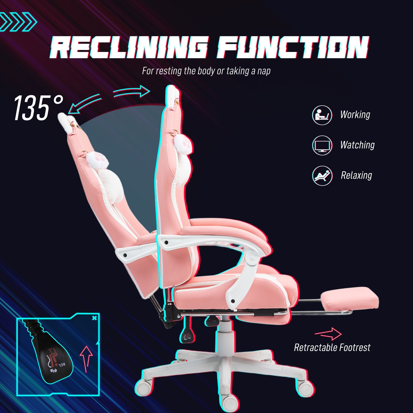 Cute Racing Gamer Chair, Faux Leather Gaming Chair with Footrest, Headrest and Lumbar Support, Pink