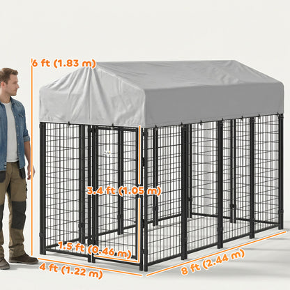 Outdoor Dog Kennel with Roof, 8' x 4' x 6' Heavy Duty Welded Wire Dog Playpen Enclosure with Escape-proof Lock