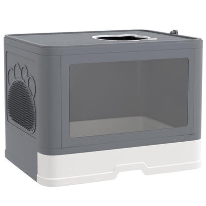 Cat Litter Box, Front Enter & Top Exit Cat Litter Tray with Scoop, Pull-out Tray, Easy to Clean, Grey