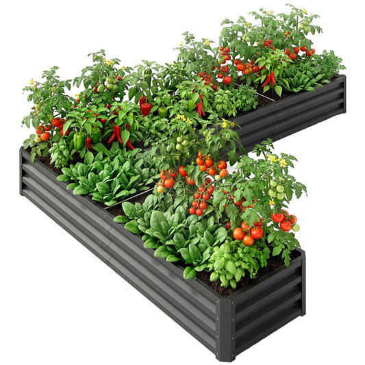 L-Shaped Raised Garden Bed, 82" x 109" x 12" Galvanized Steel Planter Box with Multi-reinforced Rods for Vegetables, Flowers and Herbs, Dark Grey