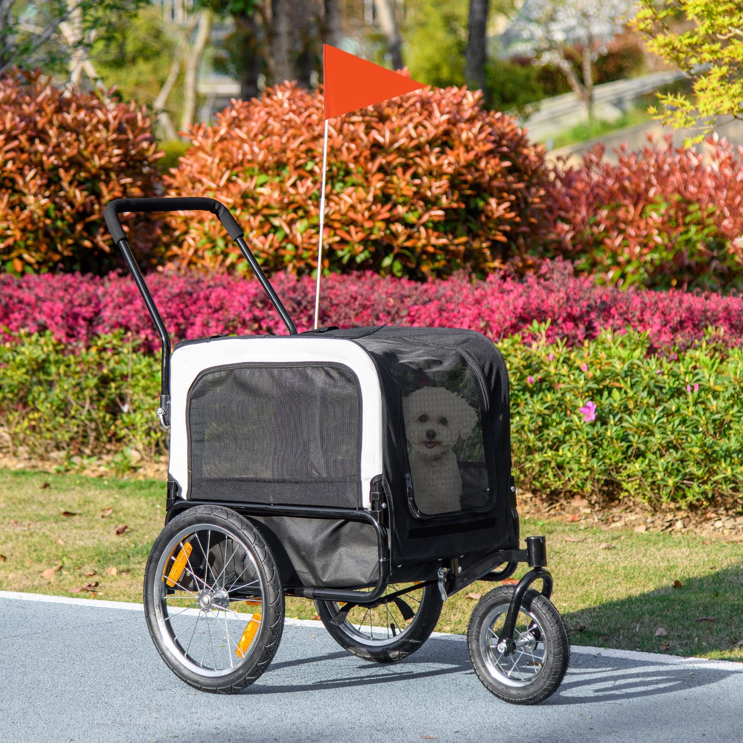 2 in 1 Dog Bike Trailer, Dog Stroller with Safety Leash, Hitch, Flag, Reflectors, Cushion for Small Dogs, Black