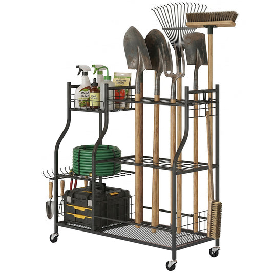 Garden Tool Organizer for Garage, 3-Tier Yard Tool Storage Rack with 74 Slots, 4 Wheels and 11 Hooks