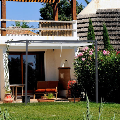 10'x10' Outdoor Pergola Gazebo with Retractable Canopy & Metal Frame & PA Coated Sun Shelter Door Porch Cover, Cream White