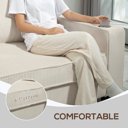 Three Seater Sofa, Fabric 3 Seater Couch with Spring Cushion and Cup Holders for Living Room, Bedroom, Cream White