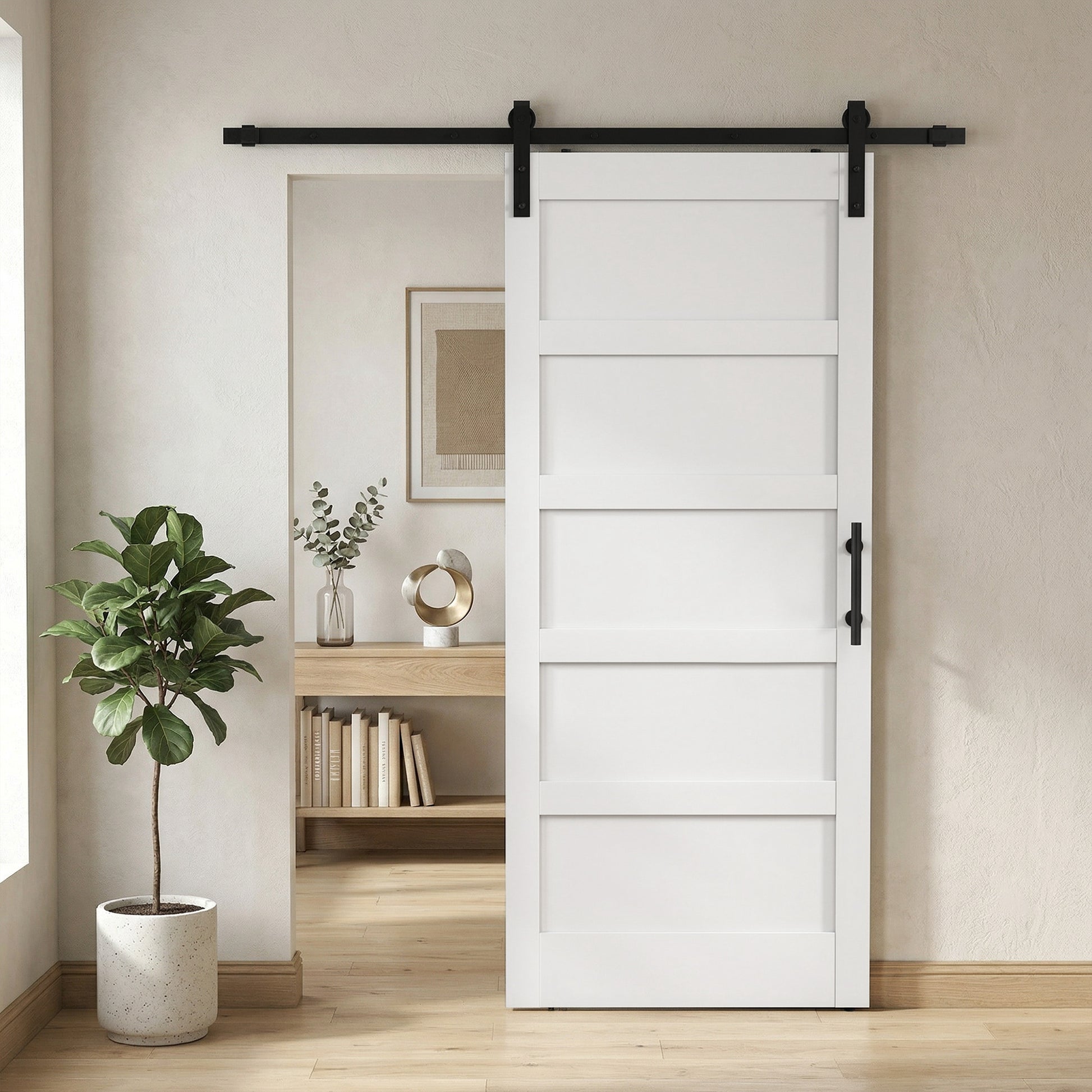 36"x84" Sliding Barn Door with Hardware Kit, Shaker Style Sliding Door with Handle, Track, Floor Guide, White Wood Grain