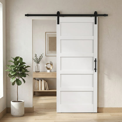 36"x84" Sliding Barn Door with Hardware Kit, Shaker Style Sliding Door with Handle, Track, Floor Guide, White Wood Grain