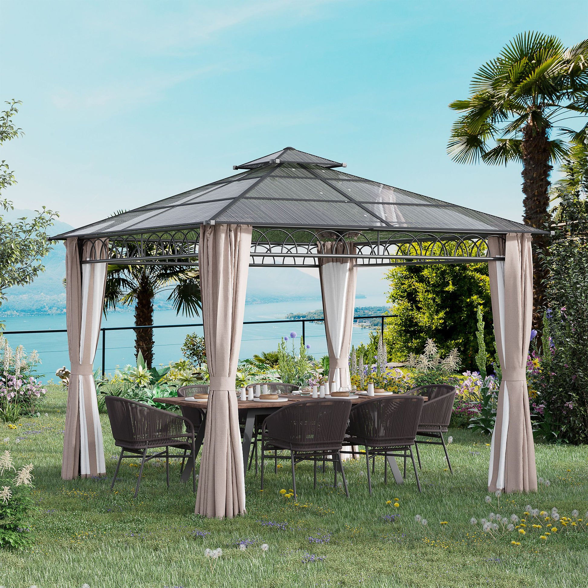 10' x 10' Outdoor Hardtop Gazebo Canopy w/ Double PC Roof, Steel Frame, Nettings, Curtains for Garden Lawn Deck, Khaki