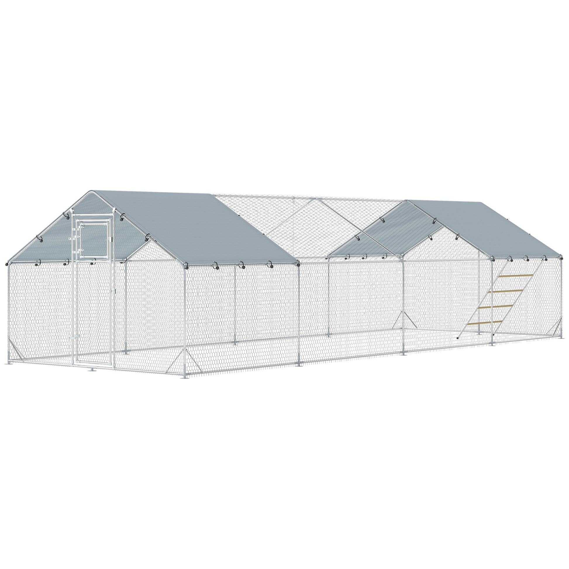 Large Metal Chicken Run with Waterproof & UV-Resistant Cover, Feeding Door, Hanging Feeder, Perch, for 24-30 Chickens