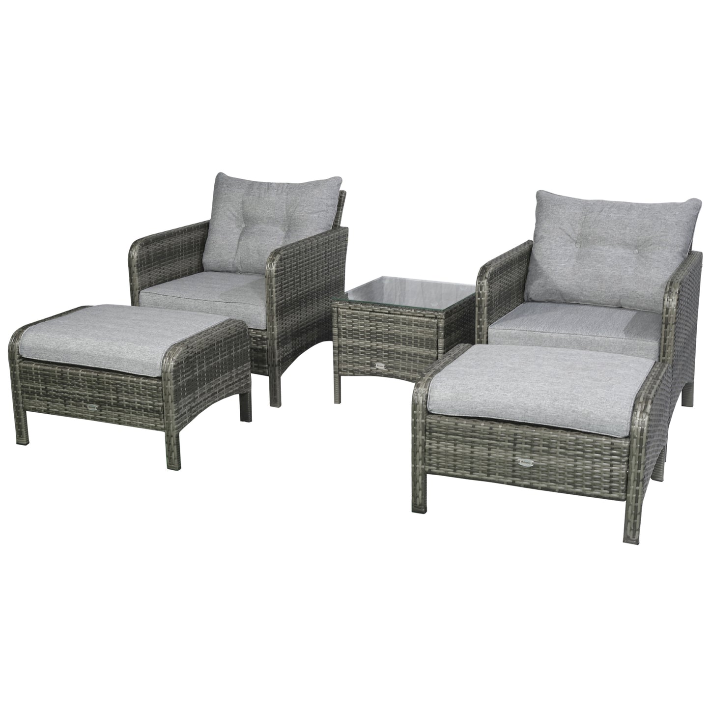 5 Pieces Wicker Patio Furniture Sofa Set Thick Padded Cushions, Outdoor PE Rattan Conversation Coffee Set with Armchairs, Footstools and Glass Top Table, Light Grey