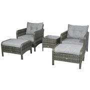 5 Pieces Wicker Patio Furniture Sofa Set Thick Padded Cushions, Outdoor PE Rattan Conversation Coffee Set with Armchairs, Footstools and Glass Top Table, Light Grey