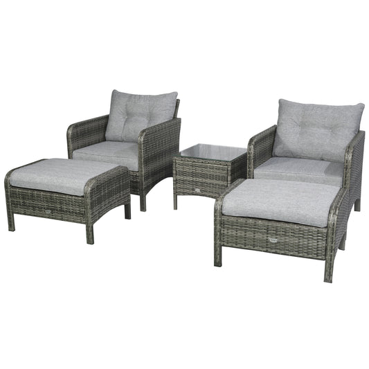 5 Pieces Wicker Patio Furniture Sofa Set Thick Padded Cushions, Outdoor PE Rattan Conversation Coffee Set with Armchairs, Footstools and Glass Top Table, Light Grey
