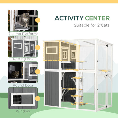 Wooden Cat Catio, 66.5"L Walk in Outdoor Cat House with PVC Weather Protection Roof, Multiple Platforms, Lockable Doors, Resting Condo, Observation Window, for 2 Cats