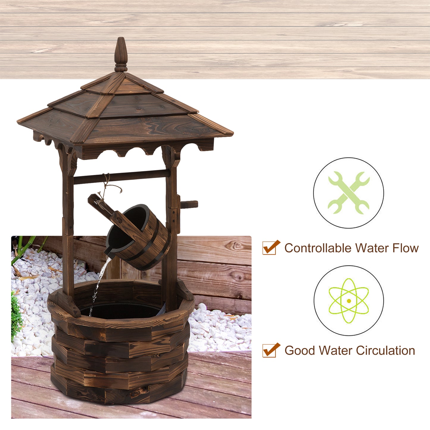 Outdoor Waterfall Fountain w/ Pump Natural Wood Wishing Well Garden Decor, 22.5x22.5x47.25