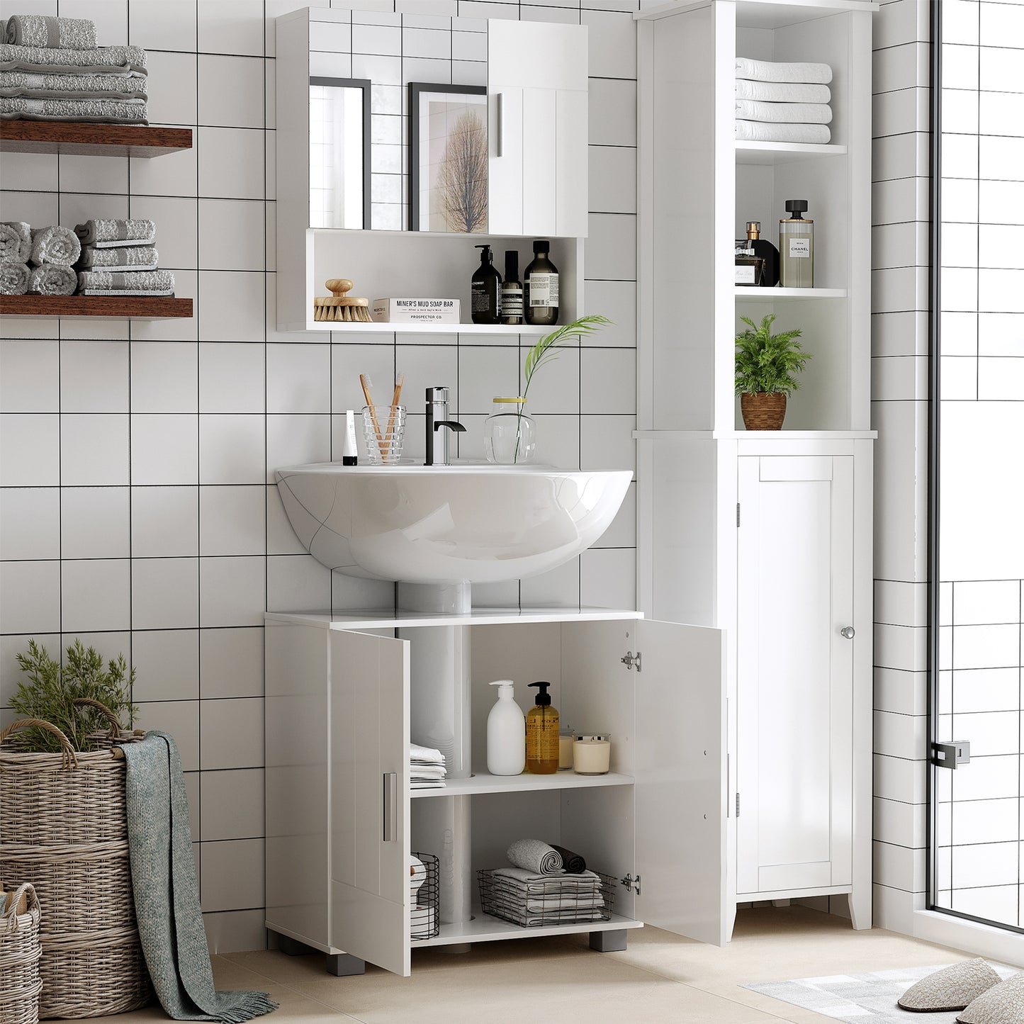 Bathroom Mirror Cabinet, Wall Mounted Medicine Cabinet with Double Doors and Adjustable Shelf, White