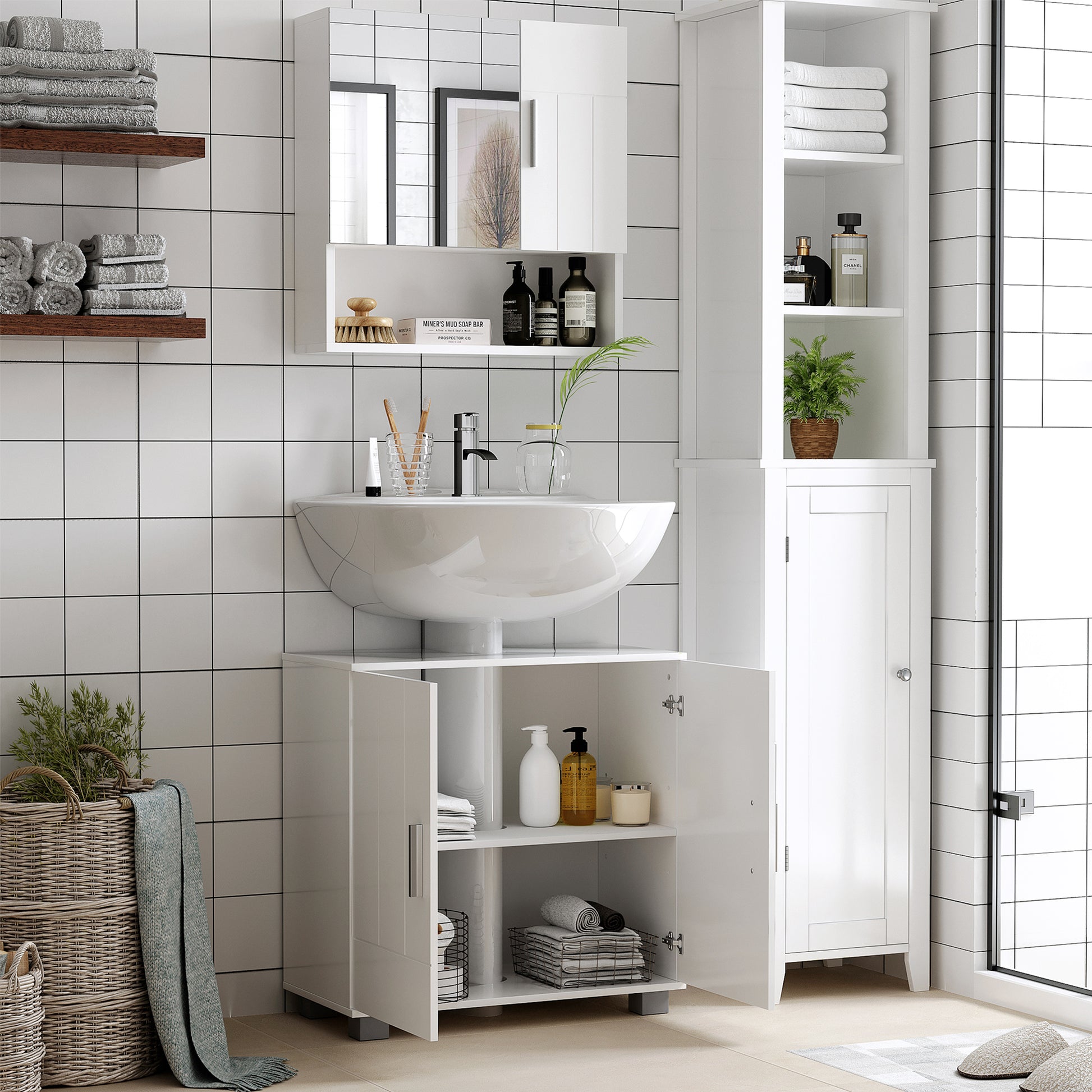 Bathroom Mirror Cabinet, Wall Mounted Medicine Cabinet with Double Doors and Adjustable Shelf, White