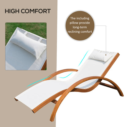 Outdoor Wood Sling Chaise Lounge Reclining Garden Mesh Lounger Patio Chair with Headrest Cream