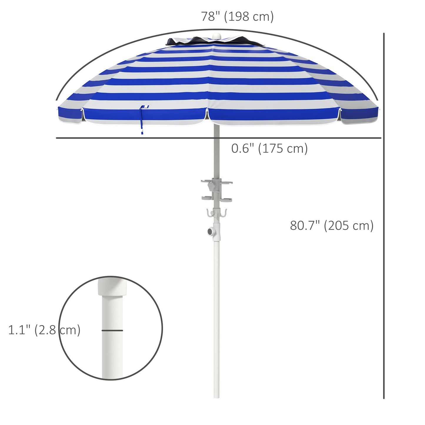 5.7' Beach Umbrella for Travel with Tilt, Adjustable Height, 2 Cup Holders, Hook, Vent, Ruffles, Blue and White